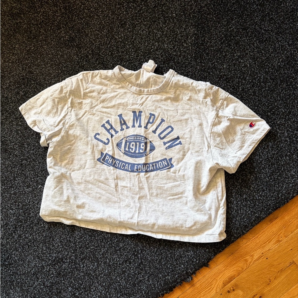 Champion White Tee with Blue Physical Education Graphic